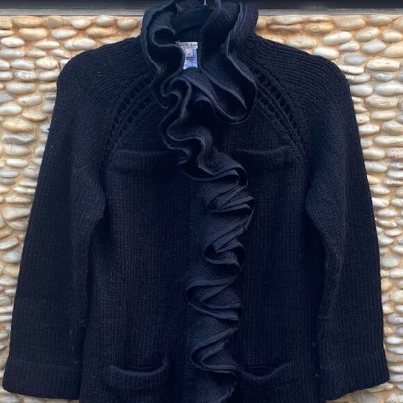 NANETTE LEPORE Black Ruffle Wool/Silk Long Cardigan/Sweater SZ XS VGUC! Winter - Picture 4 of 7